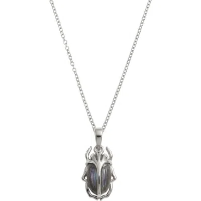 Awe Inspired Carved Death Beetle Gemstone Pendant Necklace In Metallic Silver/labarodite