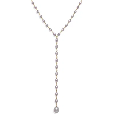 Awe Inspired Damselfly Drop Pearl Lariat Necklace In Gray