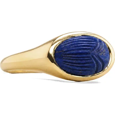 Awe Inspired Death Beetle Gemstone Signet Ring In Metallic Gold/lapis