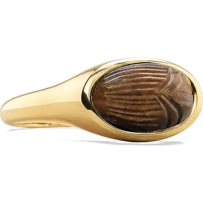Awe Inspired Death Beetle Gemstone Signet Ring In Metallic Gold/tigers Eye