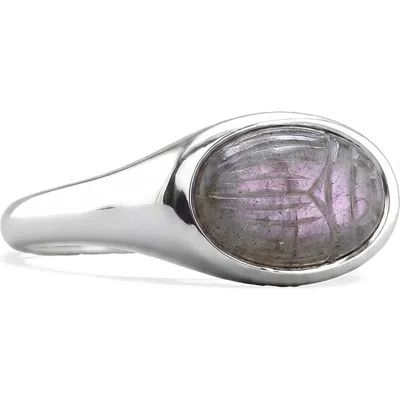 Awe Inspired Death Beetle Gemstone Signet Ring In Metallic Silver/labarodite