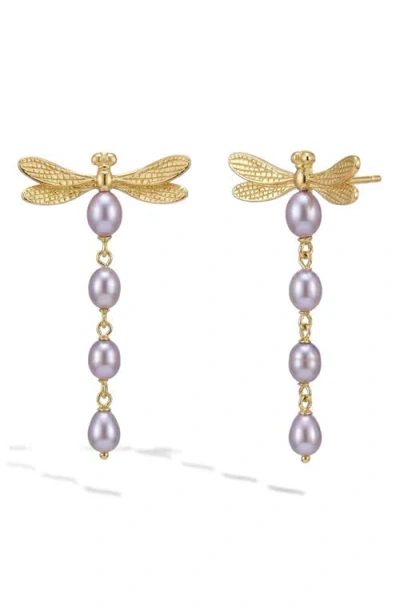 Awe Inspired Metamorphic Damselfly Freshwater Pearl Earrings In Gold