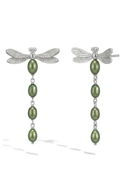 Awe Inspired Metamorphic Damselfly Freshwater Pearl Earrings In Green