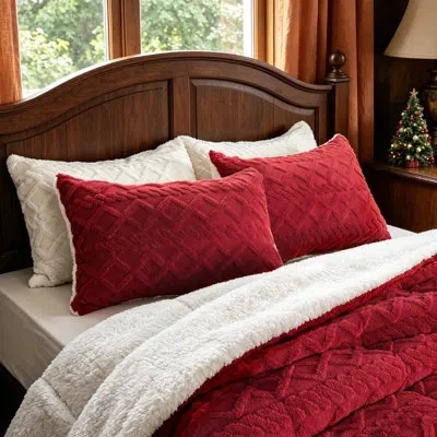 Awesome Home Flock Jacquard Reverse To Sherpa Comforter Set In Red