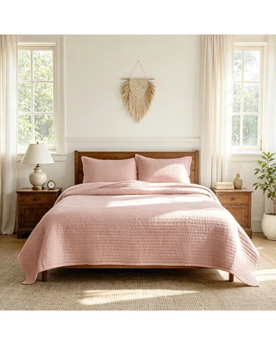 Awesome Home Linen Solid Stripe Quilt Set In Pink