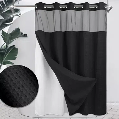 Awesome Home No Hook Waffle Snap-in Liner Shower Curtain In Black