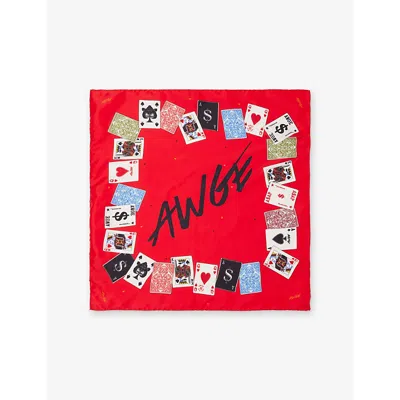 Awge Mens Cards Small Silk-blend Bandana Cards Print Red