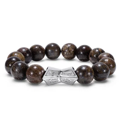 Awnl Men's Brown Runes-engraved Crossguard Bronzite Beaded Bracelet