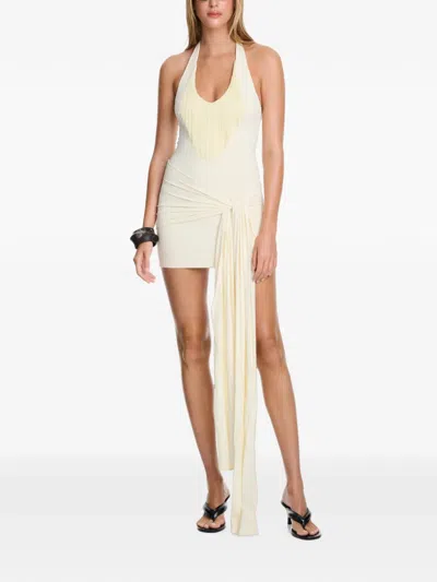 Axel 113 Gigi Fringed-neckline Draped-skirt Fitted Mini Dress In Neutral