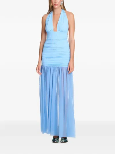 Axel 113 Stasi Ruched Halterneck Sheer-skirt Flared Maxi Dress In Blue