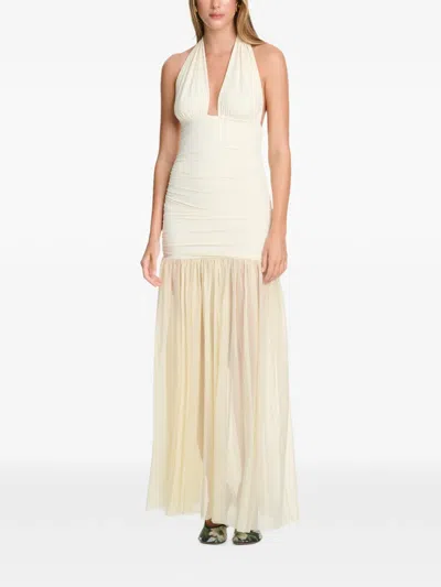 Axel 113 Stasi Ruched-body Sheer-skirt Fitted Maxi Dress In Neutral