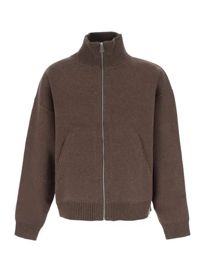 Axel Arigato Core Zip-up Sweater With High Collar And Embroidered Logo In Brown