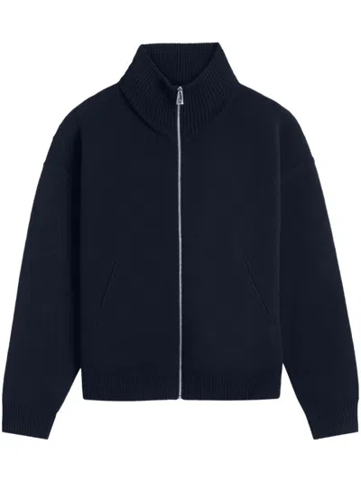 Axel Arigato High Neck Wool Blend Cardigan With Zip Fastening And Ribbed Detailing In Blue
