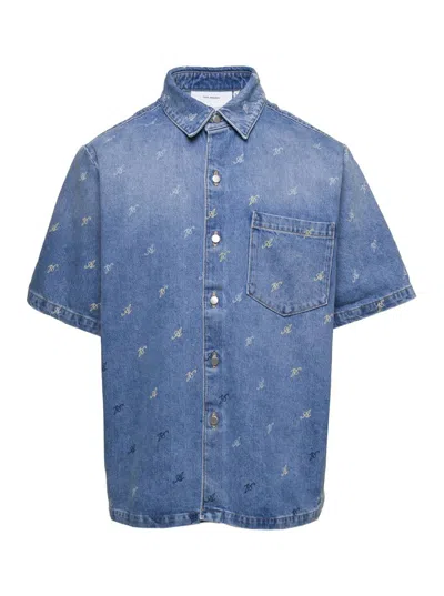 AXEL ARIGATO BLUE JEANS SHIRT WITH LOGO ALL OVER IN DENIM MAN
