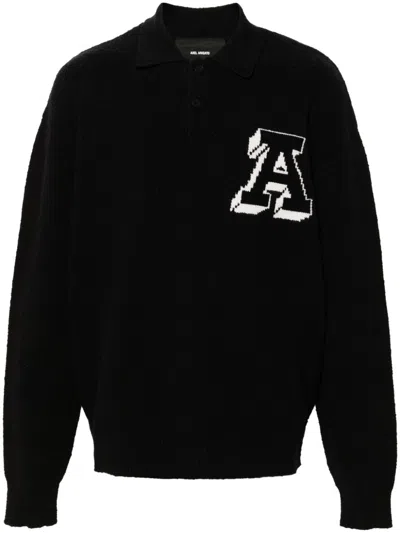 Axel Arigato Black Long Sleeve Polo Sweater With A Jacquard In Cotton Blend Man