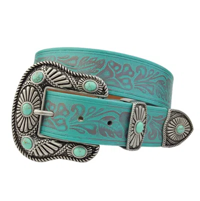 Axesoria West Women's Western Buckle Loop Tip Set With Embossed Belt In Turquoise Silver In Blue