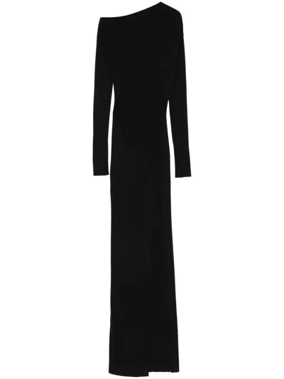 Aya Muse Asymmetric Fine-knit Midi Dress In Black
