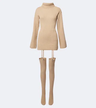 Aya Muse Cursa Ribbed-knit Wool Minidress And Tights Set In Beige