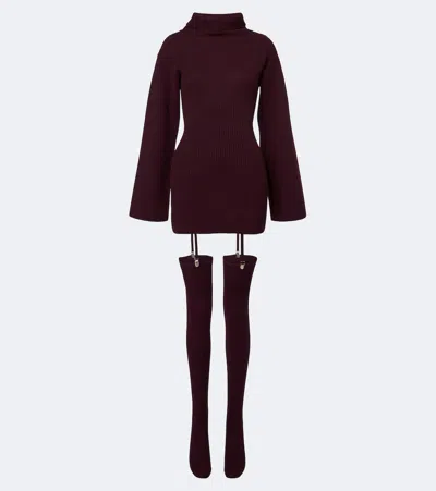 Aya Muse Cursa Ribbed-knit Wool Minidress And Tights Set In Burgundy