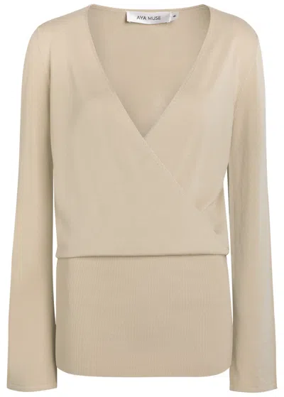 Aya Muse Gema Knit Mini Wrap Dress In Brown