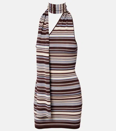 Aya Muse Knitted Scarf-detail Striped Minidress In Brown