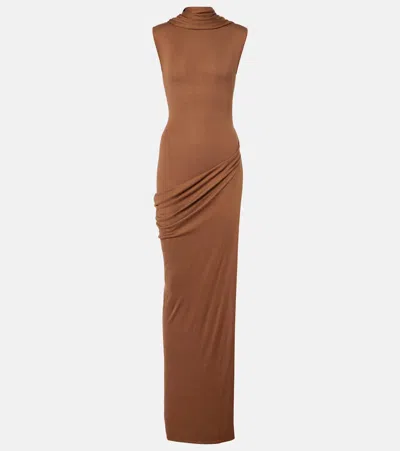 Aya Muse Nou Draped Silk-blend Maxi Dress In Brown