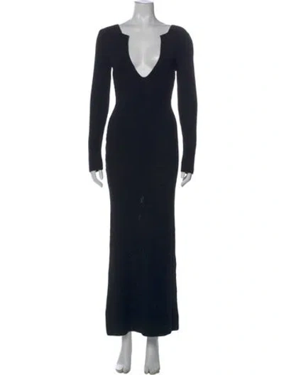 Pre-owned Aya Muse Plunge Neckline Long Dress In Black