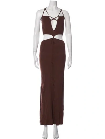 Pre-owned Aya Muse Plunge Neckline Long Dress In Brown