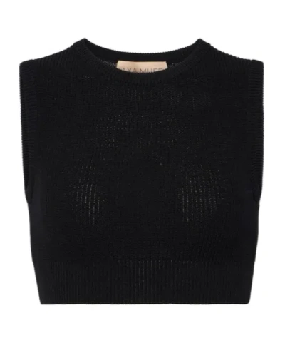 Aya Muse Ribbed Knitted Short-sleeved Sweater In Black