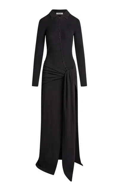 Aya Muse Saros Asymmetric Knit Cotton-blend Polo Maxi Dress In Black