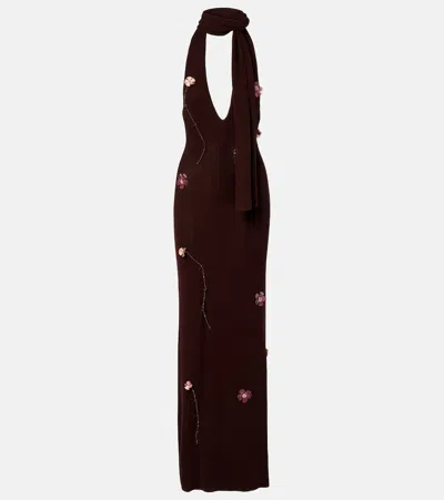 Aya Muse Stem Floral-appliqué Knitted Maxi Dress In Brown