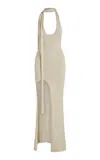 Aya Muse Tara Open Back Knit Cotton Halter Maxi Dress In Tan