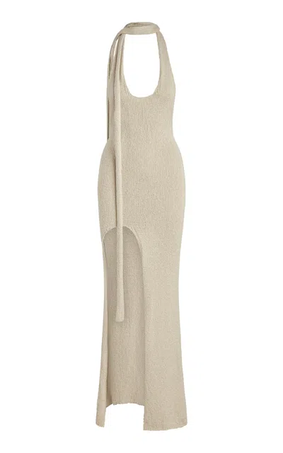 Aya Muse Tara Open Back Knit Cotton Halter Maxi Dress In Tan