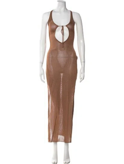 Pre-owned Aya Muse Tie Neck Long Dress In Brown/metallic