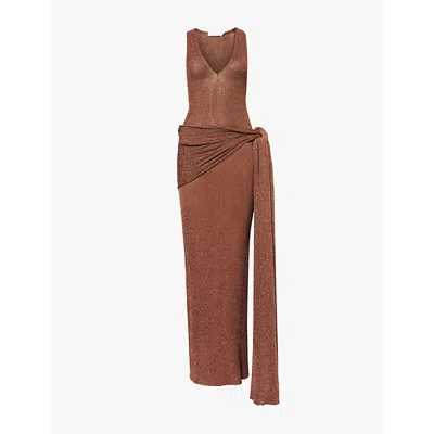 Aya Muse Womens Almond V-neck Tie-waist Knitted Maxi Dress