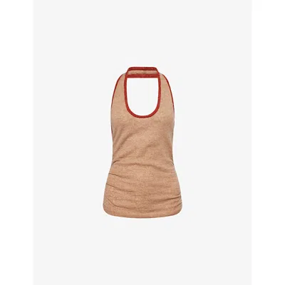 Aya Muse Womens Cinnamon Ruched Halterneck Wool, Cashmere And Silk Top In Brown