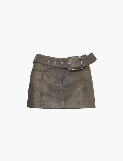 Aya Muse Womens Faded Gray Low-rise Belted-waist Faux-leather Mini Skirt