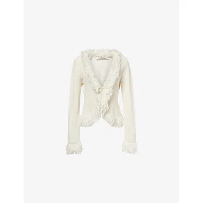 Aya Muse Womens Milk Fringed V-neck Knitted Top Xs In White
