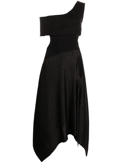Az Factory + Thebe Magugu Amigos Asymmetric Pleated Tech-jersey And Stretch-knit Maxi Dress In Schwarz