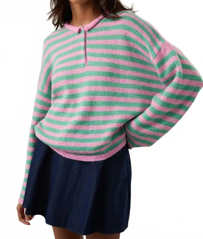 Azalea Laurel Henley Sweater In Pink/mint In Green