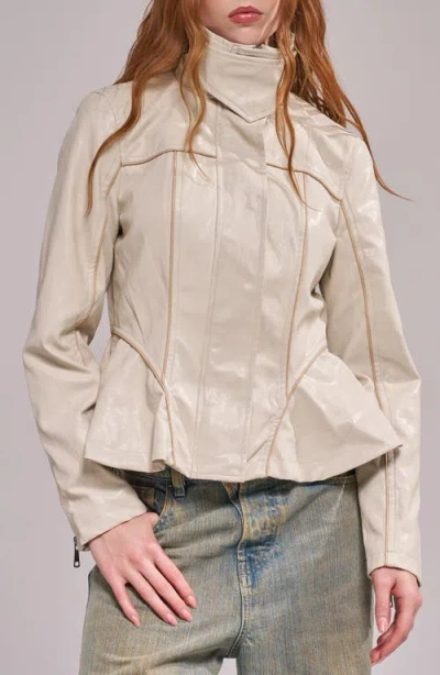 Azalea Wang Ally Faux Leather Peplum Moto Jacket In Neutral