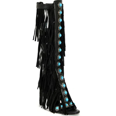 Azalea Wang Amadeo Knee High Fringe Sandal In Black
