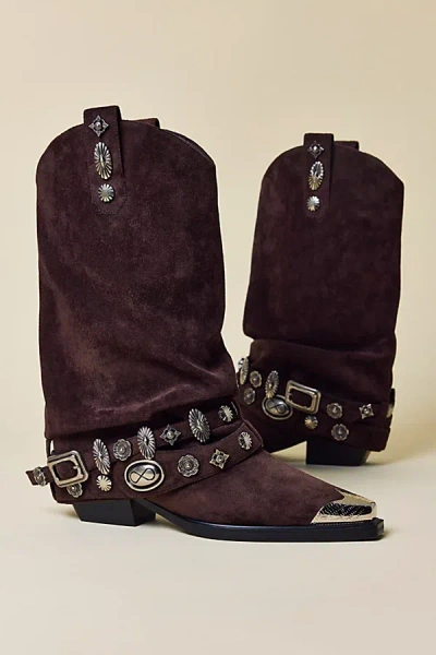 Azalea Wang Ashraf Belted Western Boot In Chocolate, Women's At Urban Outfitters In Multi