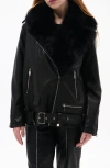 Azalea Wang Aurelia Faux Leather Moto Jacket With Removable Faux Fur Collar In Black