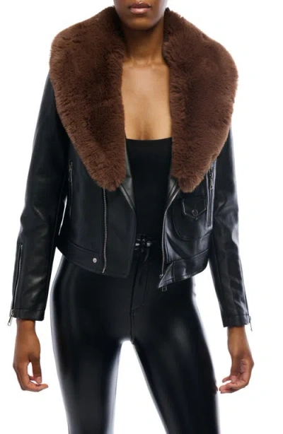 Azalea Wang Aussy Faux Fur & Faux Leather Moto Jacket In Black