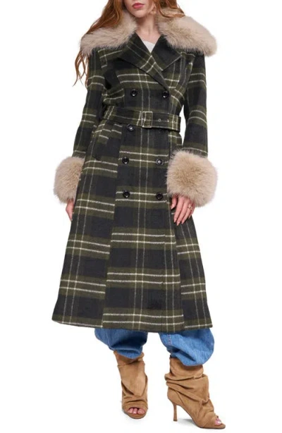 Azalea Wang Avenna Plaid Faux Fur Trim Trench Coat In Multi