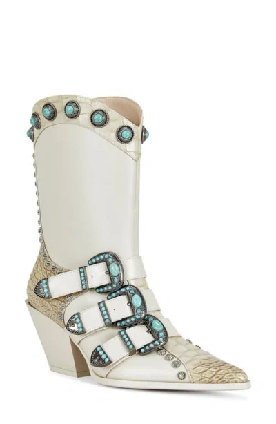 Azalea Wang Balmoral Croc Embossed Western Boot In Sand