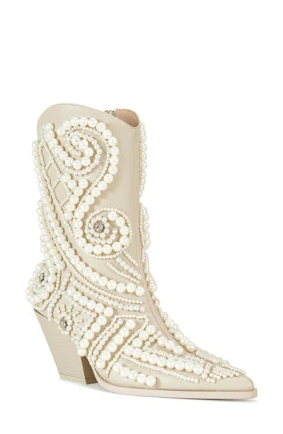 Azalea Wang Belia Embellished Western Boot In Cream