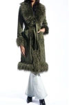 Azalea Wang Belted Faux Suede Coat With Faux Fur Trim In Green