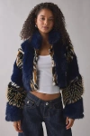 Azalea Wang Chiara Mixed Animal Print Faux Fur Jacket In Dark Blue, Women's At Urban Outfitters In Blue